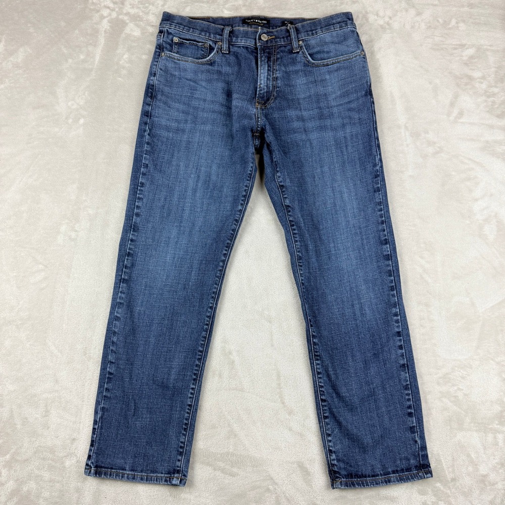 Lucky Brand Jeans Men 34x30(29.25) Blue 221 Straight Med Wash Whiskers Stretch
